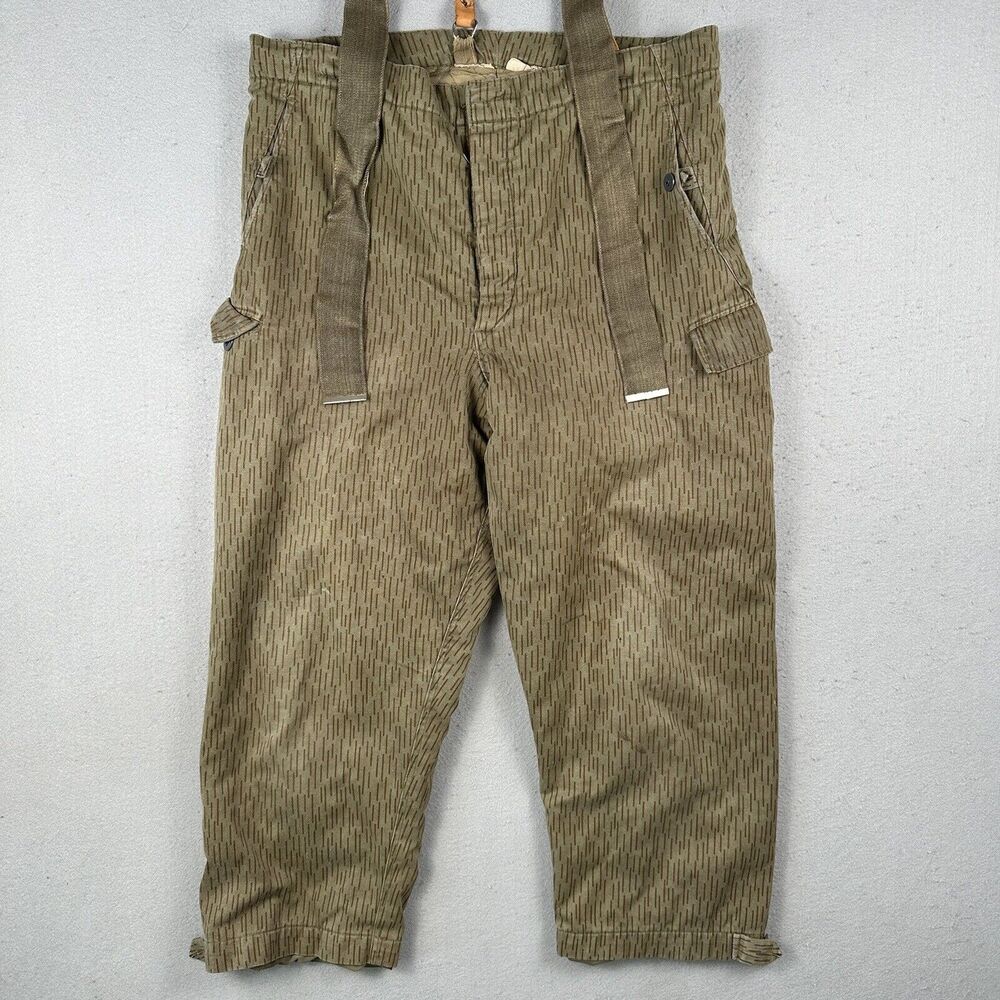 80s East Germany Rain Camo Insulated Cargo Pants M 48 Green Suspenders 36x25‎